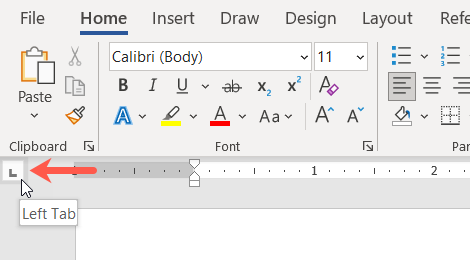 Tab button near the ruler in Word