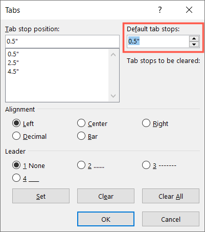 Edit the default tab stop in Word