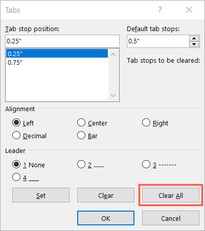 Clear All tab stops
