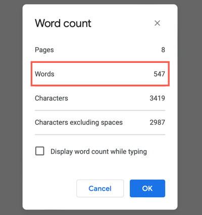 Word count for a document