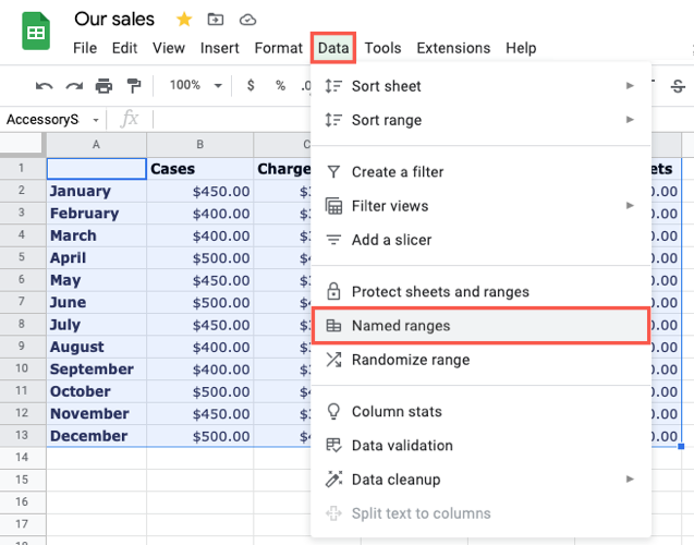 Named Ranges in the Data menu