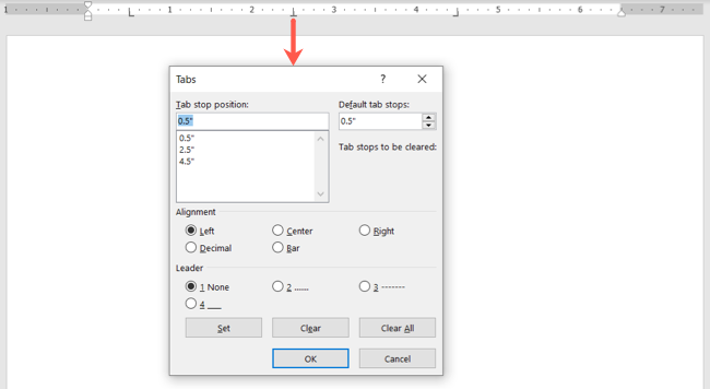 Tab stop settings from the ruler