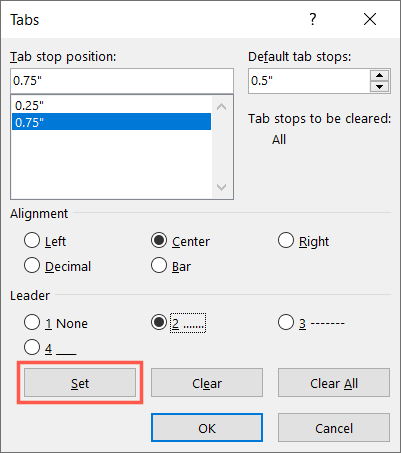 Tab stop edited in the settings