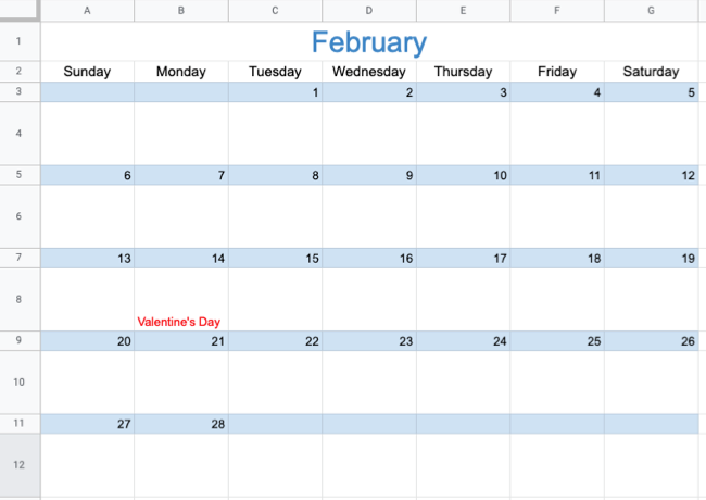 February calendar in Google Sheets