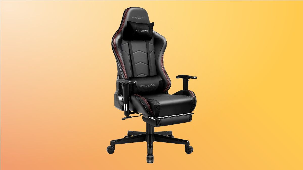 GTRACING Gaming Chair with Footrest on orange background