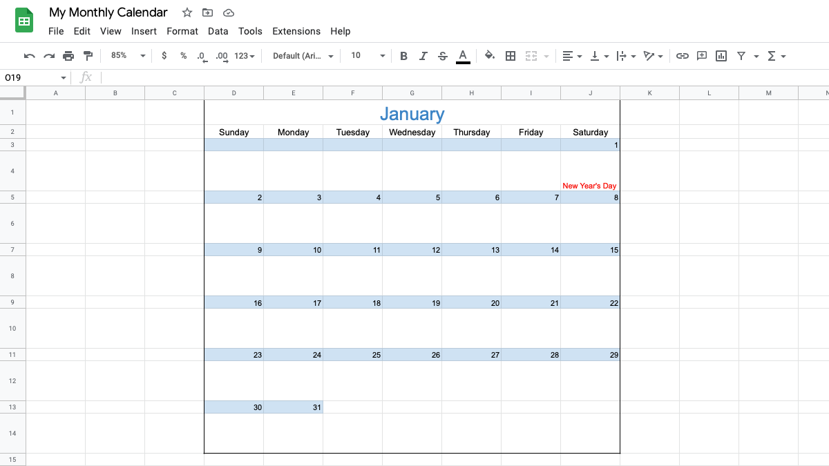 Google Sheets monthly calendar