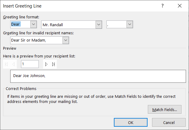 Greeting line format options