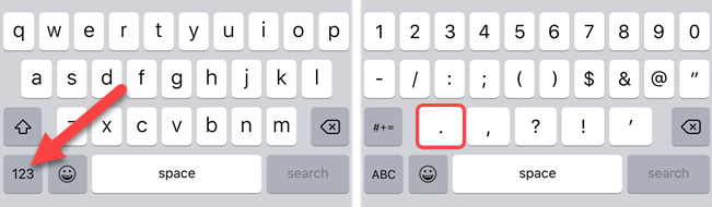 Showing the period on iPhone keyboard.