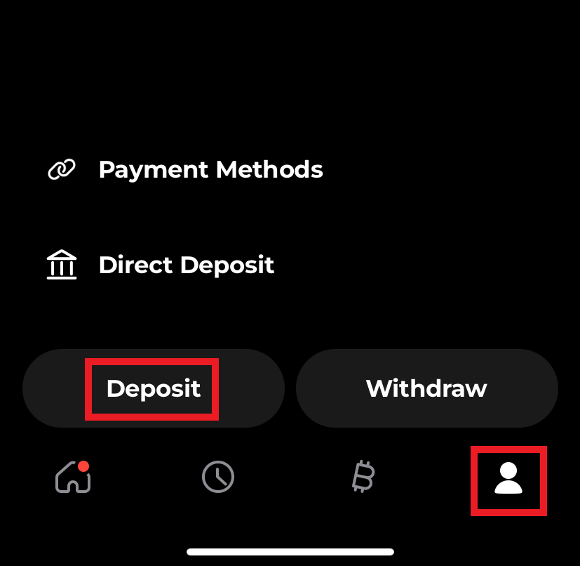 Screen showing &quot;Deposit&quot; and &quot;Profile&quot; tab highlighted.