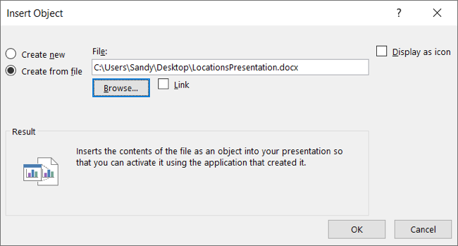 Insert Object box with file path in PowerPoint