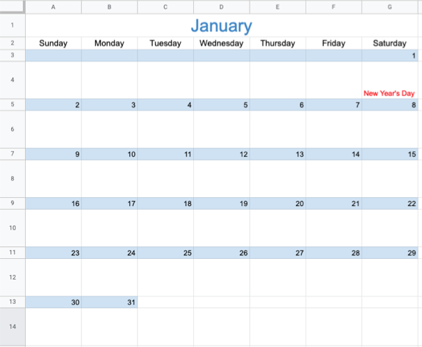 January calendar in Google Sheets