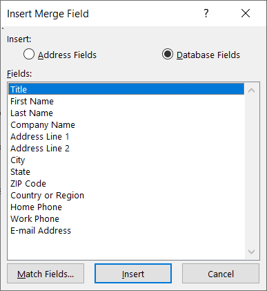 Other available mail merge fields