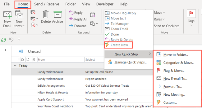 Create New in the Quick Steps drop-down