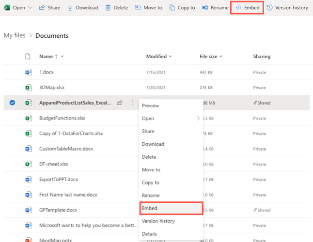 Embed options for a OneDrive file