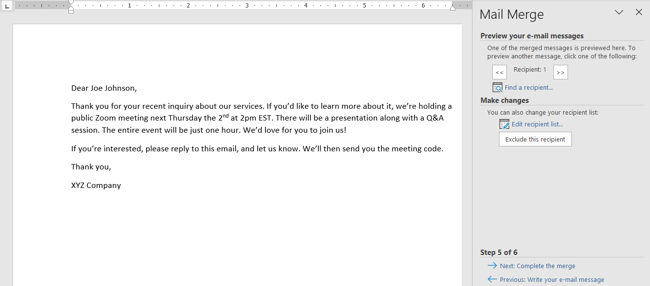 Mail merge preview