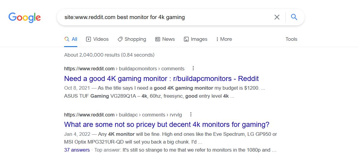 Performing a Reddit site search on Google.