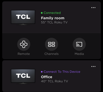 Devices in the Roku mobile app