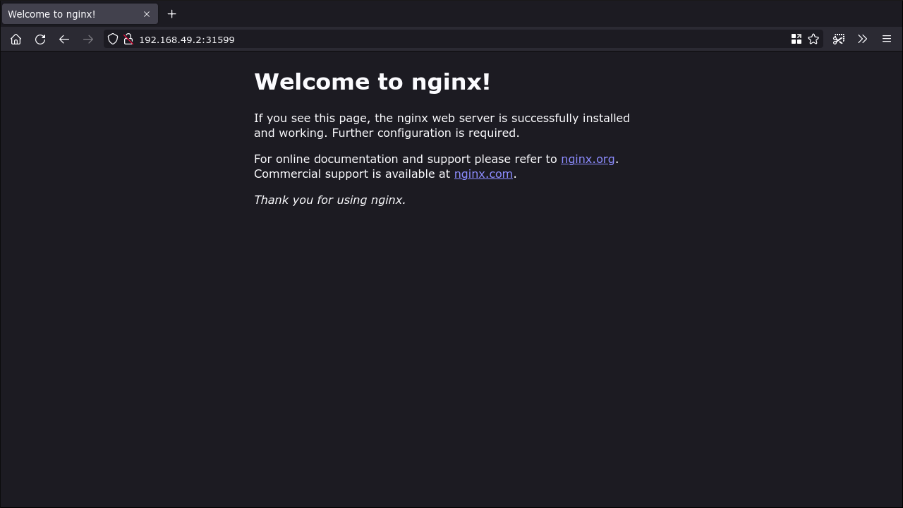 Screenshot of running an NGINX container in Minikube