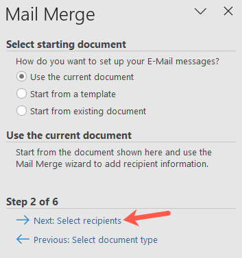 Document types for a mail merge in Word