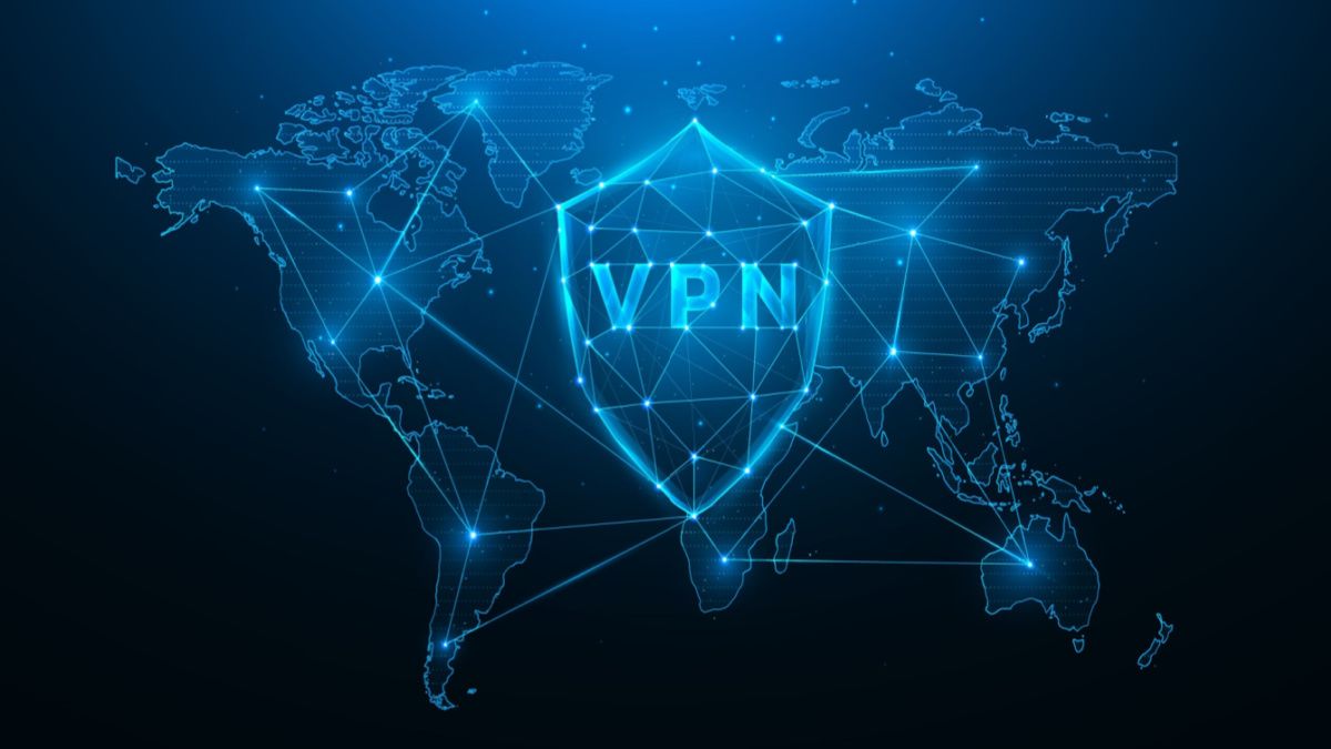 A VPN logo superimposed over an illustration of a global network.