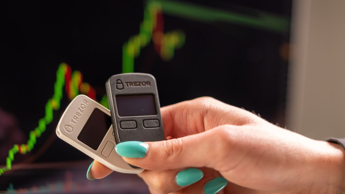 Person holding two Trezor Model Ones
