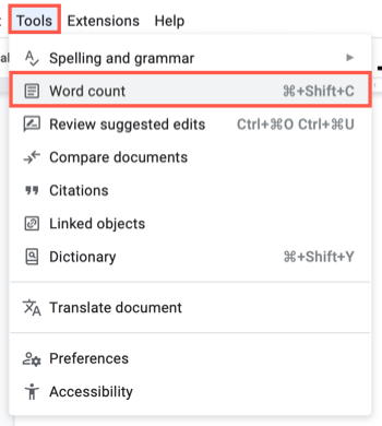 Word Count in the Google Docs Tools menu