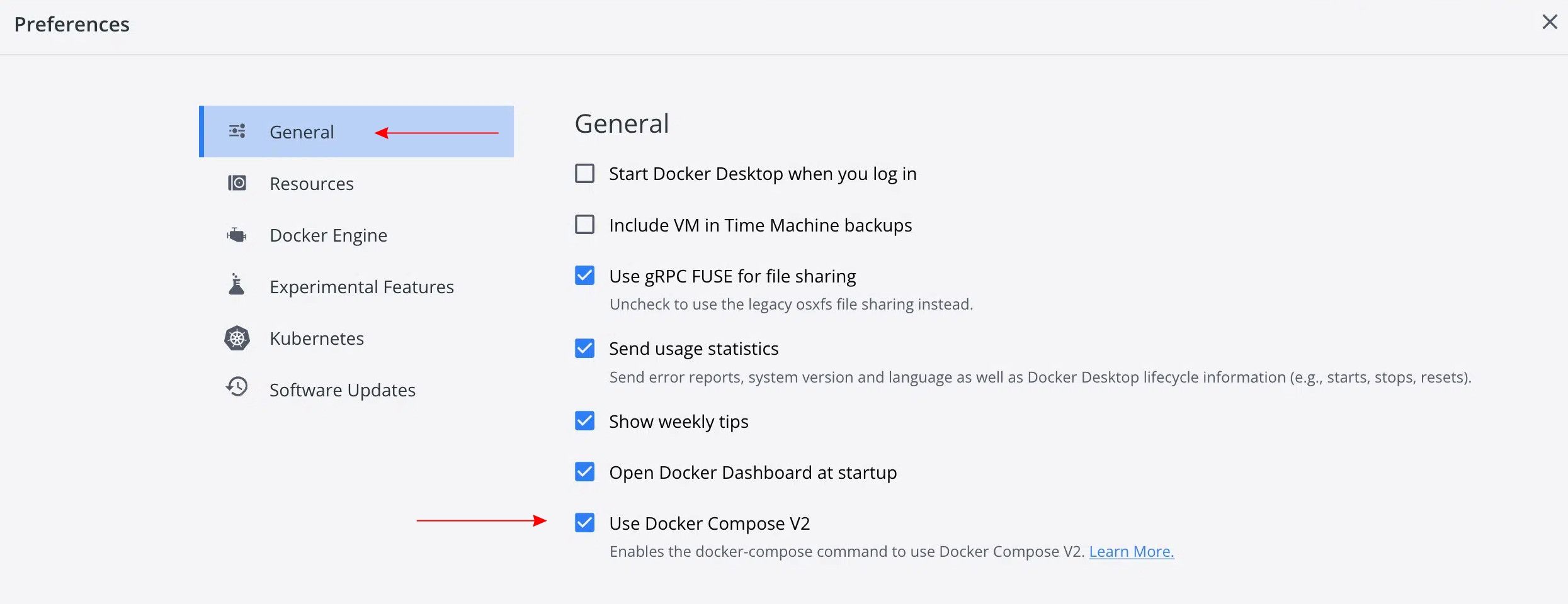 Screenshot of managing Docker Compose v2 in Docker Desktop settings