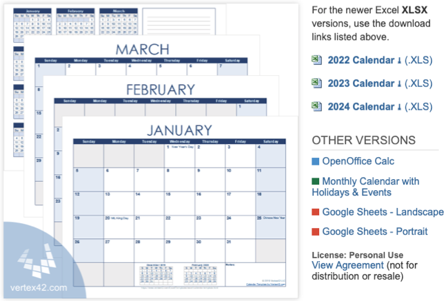 Vertex42 calendar template