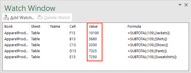 Watch Window with formula results highlighted
