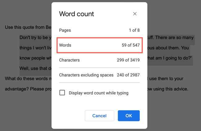 Word count for selected text