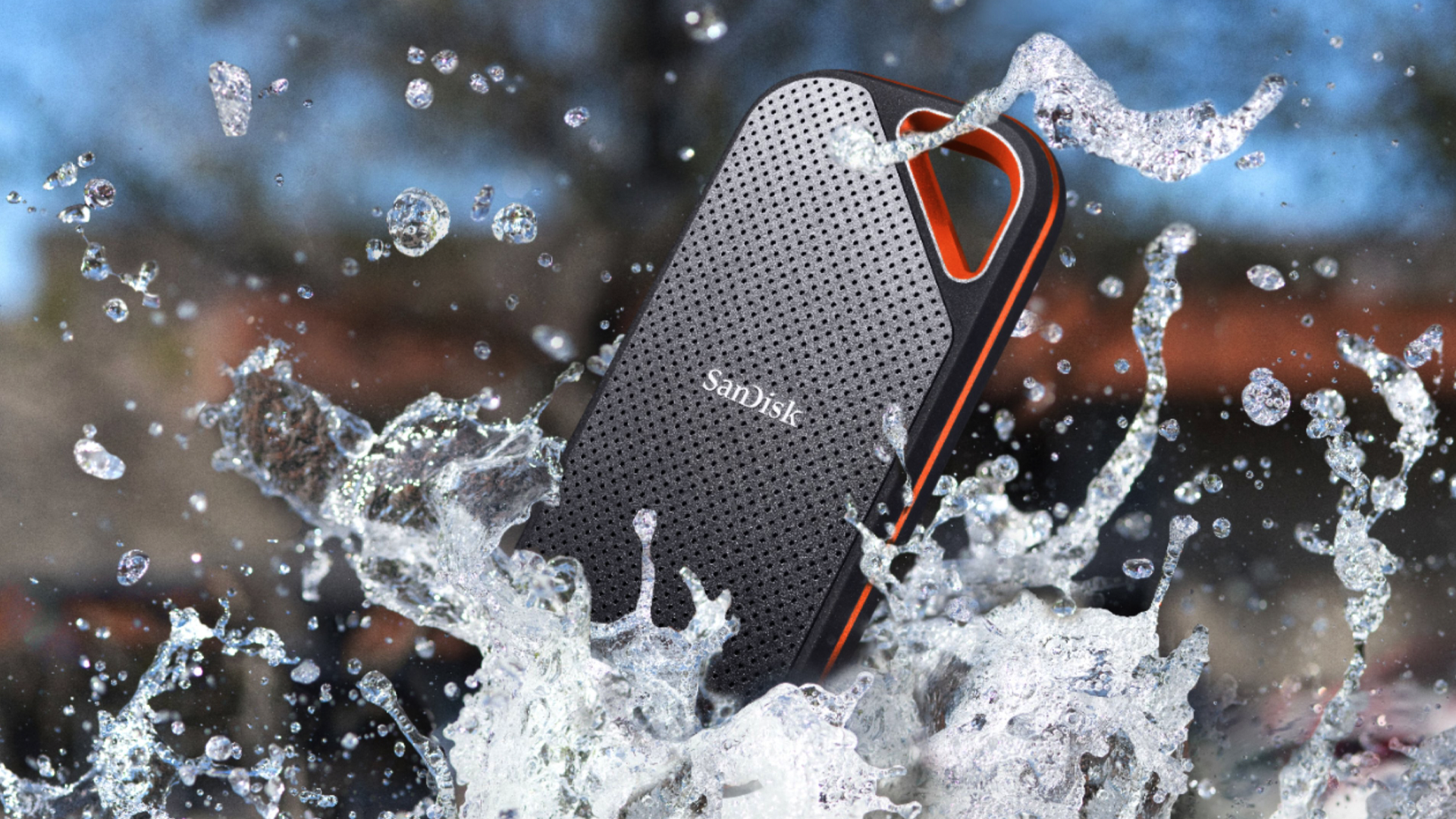 The SanDisk Extreme PRO Portable SSD dunked in a puddle of water
