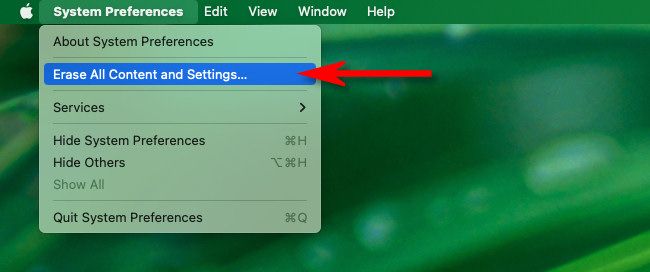 In the menu bar, click "System Preferences" then choose "Erase All Content And Settings."