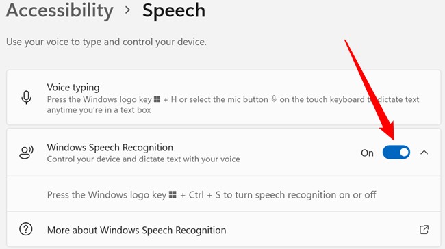 Click the switch next to "Windows Speech Recognition."
