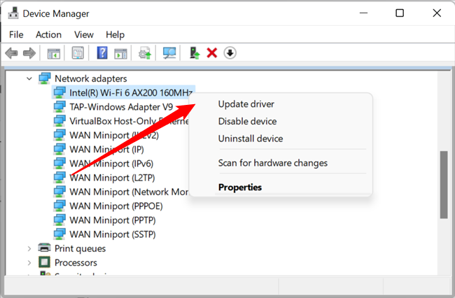 Right-click the wireless network driver, then click "Update Driver."