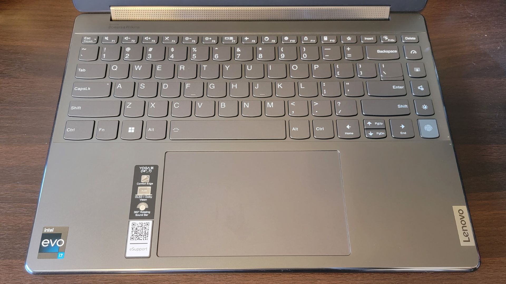 closeup of the lenovo yoga 9i laptop keyboard and large trackpad