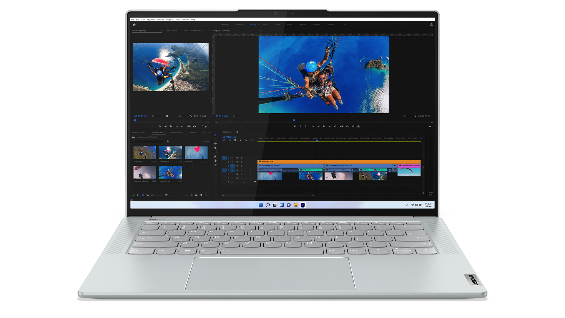The Lenovo Slim 7i Pro X running video editing software.
