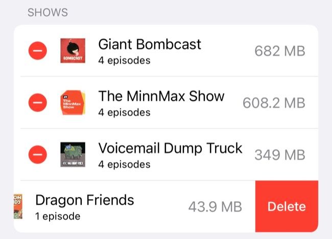 Delete data from Podcasts app in iOS Settings