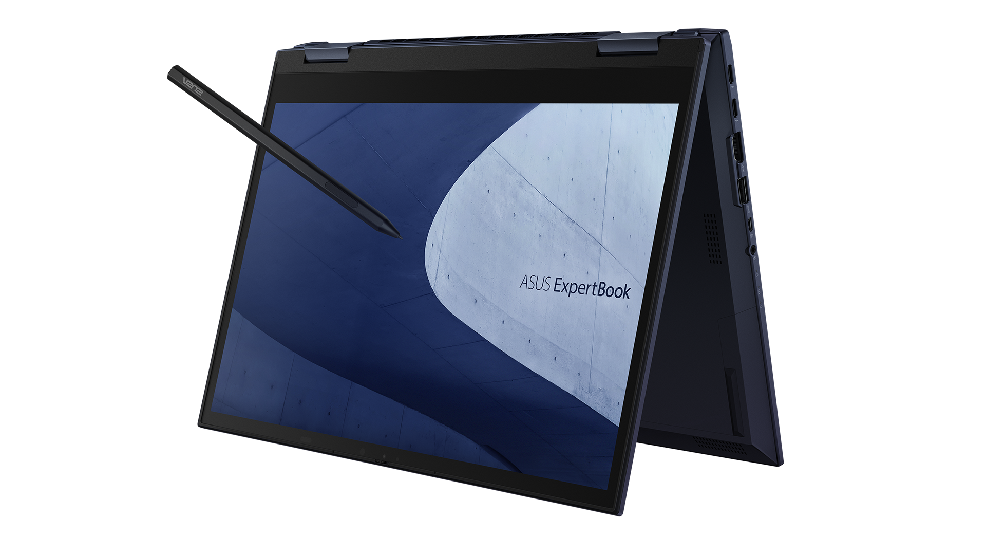 ASUS ExpertBook B7 Flip laptop in tablet mode with a stylus.