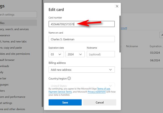 In Edge, on the "Edit Card" screen you can see the full Credit Card number.