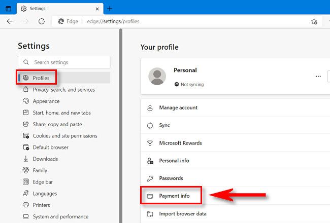 In Edge Settings, click "Profile," then select "Payment Info."