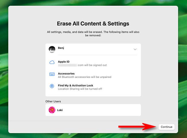 In "Erase all Content & Settings," click "Continue."