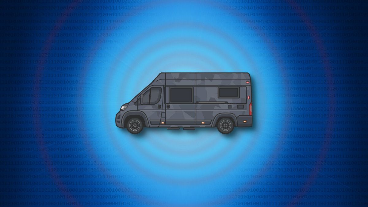 A black surveillance van illustration on a blue background.