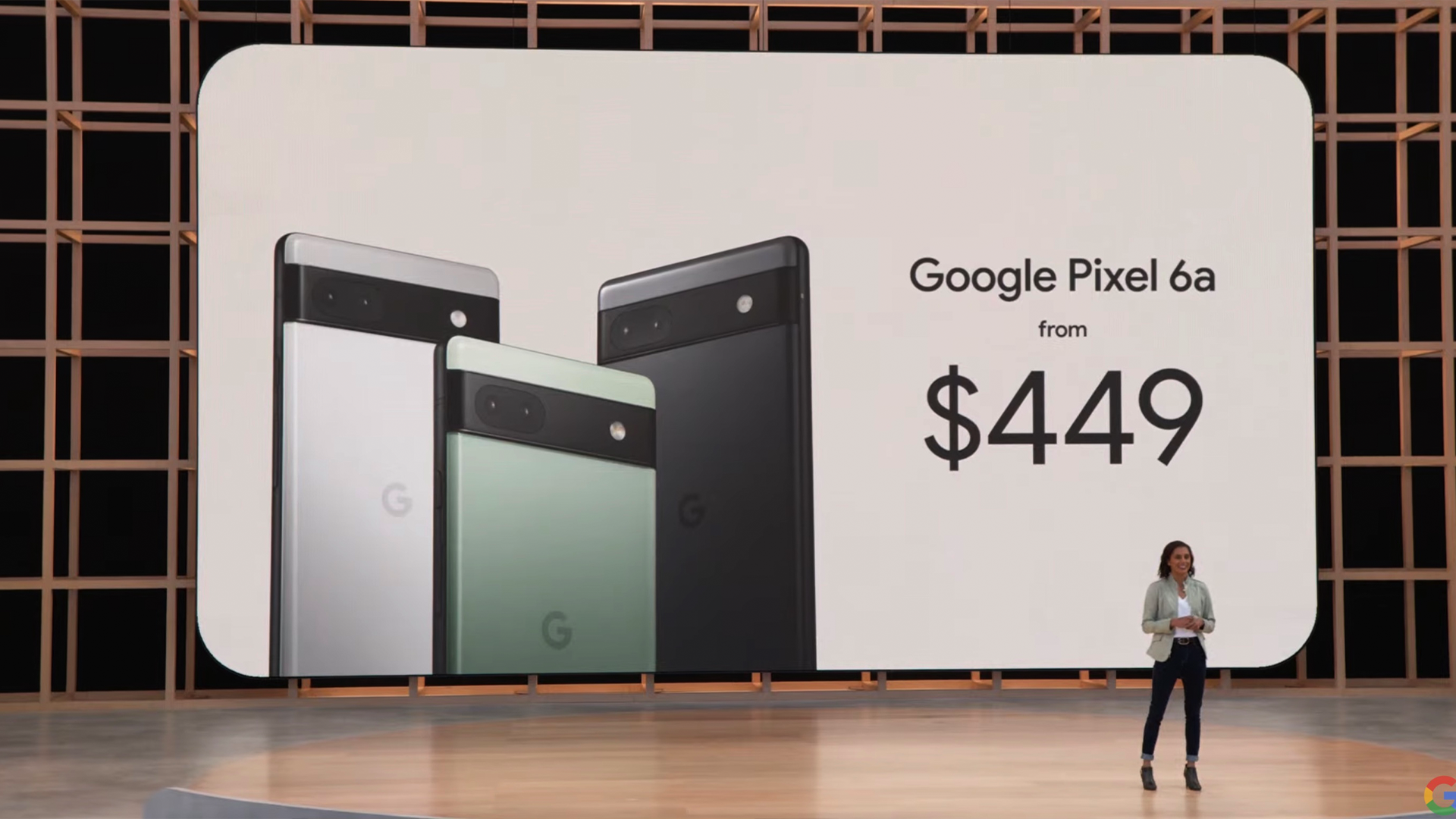 Google announcing the Pixel 6a live on stage at the I/O 2022 conference.