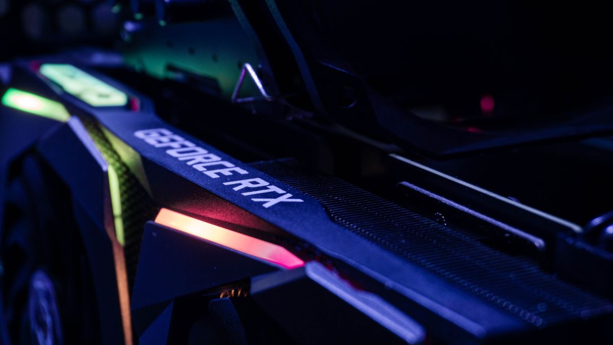 Closeup of an NVIDIA Geforce RTX graphics card.