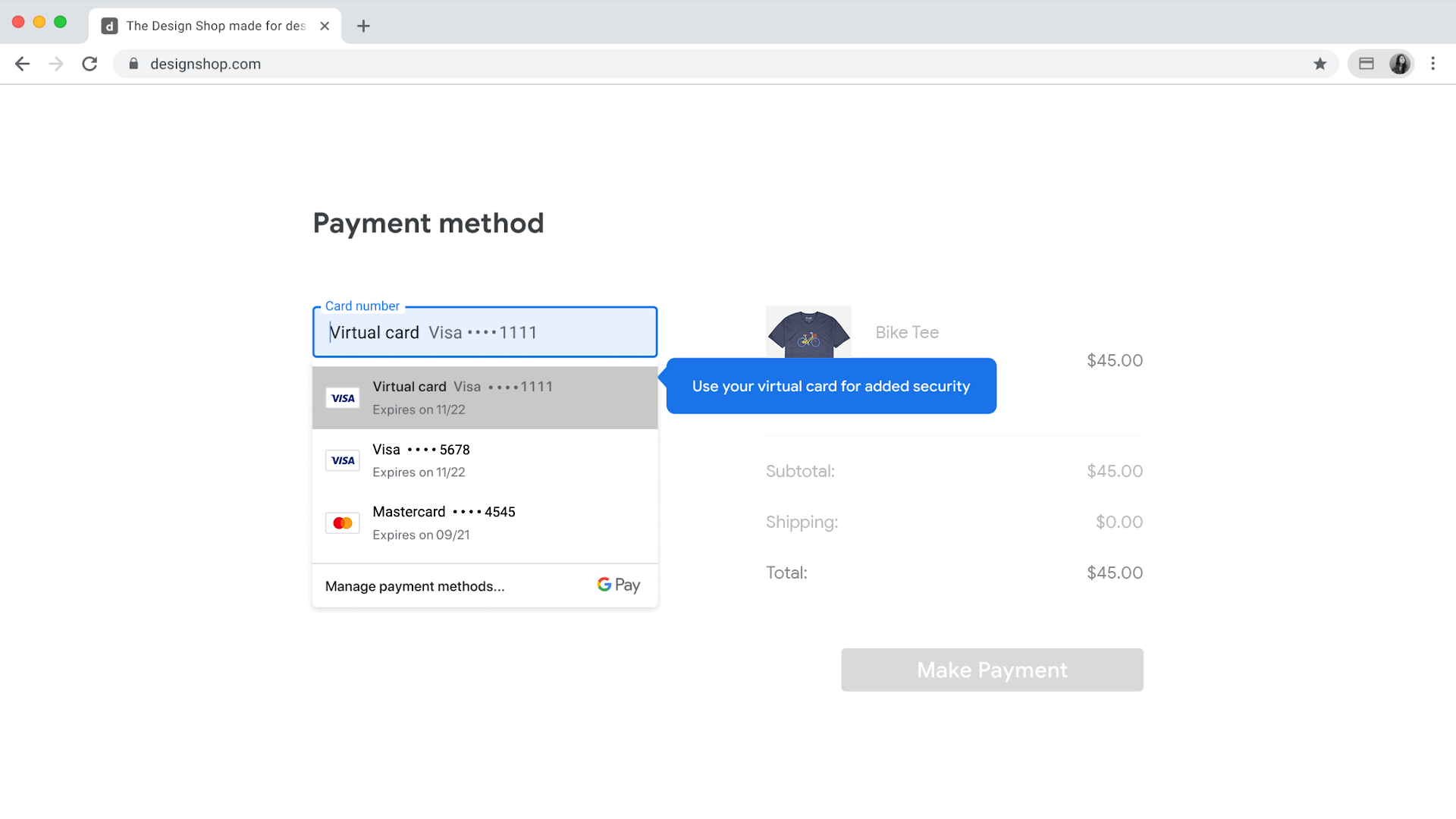Screenshot of Google Chrome auto-filling payment data