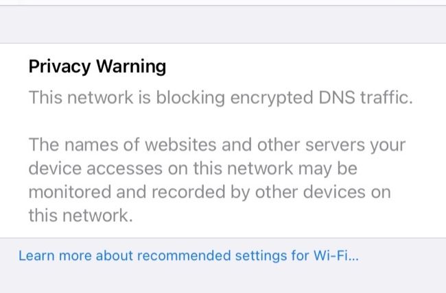 Encrypted DNS traffic blocked warning