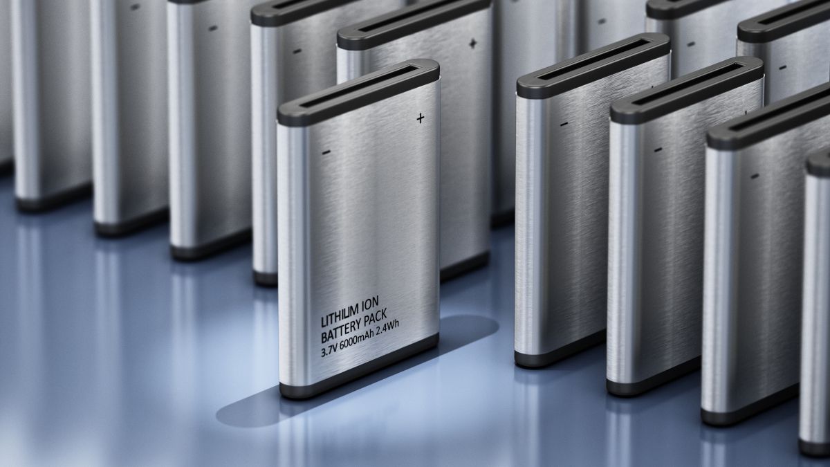 A set of lithium ion battery packs with one standing out.