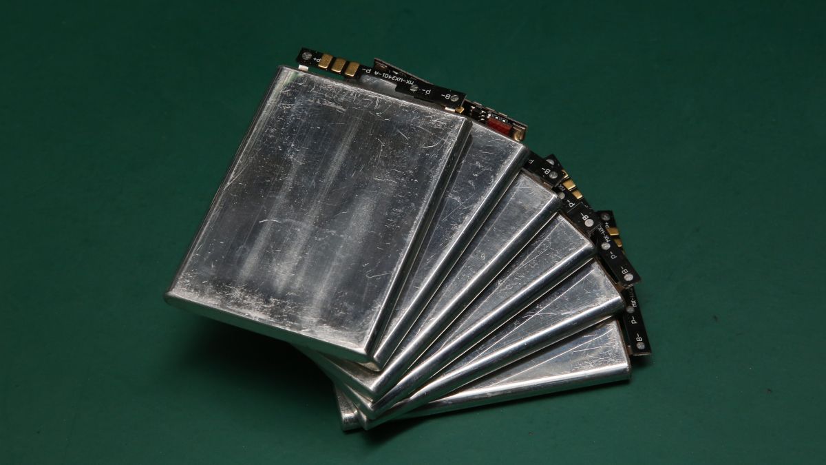 A set of lithium-ion batteries arranged in a fan.