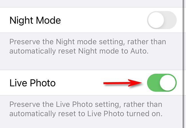 Switch "Live Photo" to "On," which will preserve your Live Photo settings in the Camera app.