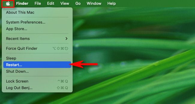 On a Mac, click the Apple menu icon, then select "Restart."